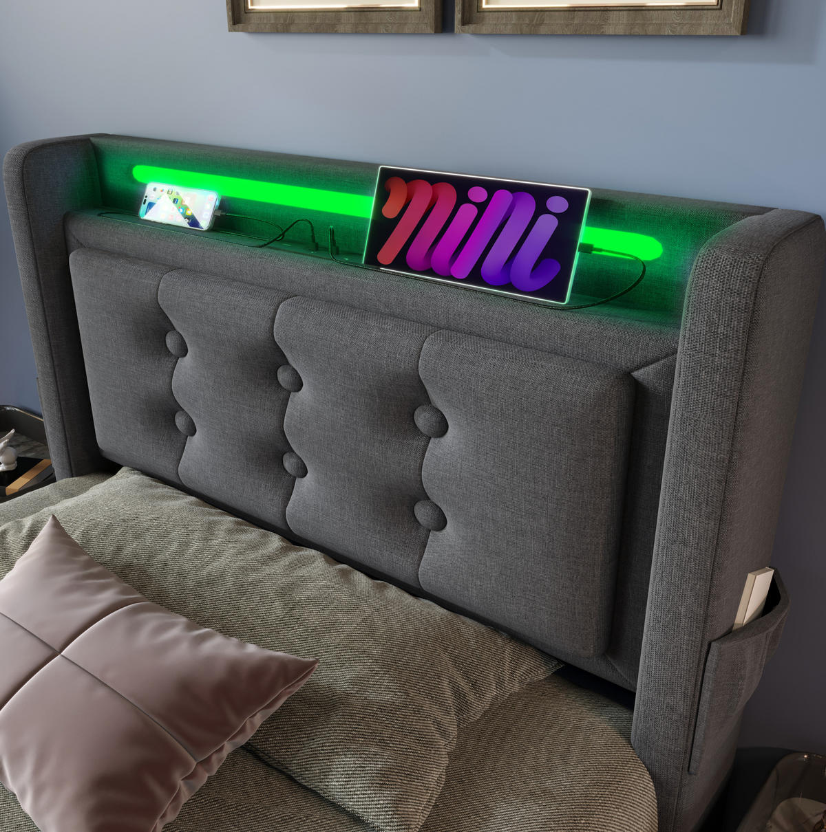 POLSTERBETT mit Stauraum, LED und Ladefunktion 90x200 cm Grau - Grau, Metall (90/200cm) - Meubliv