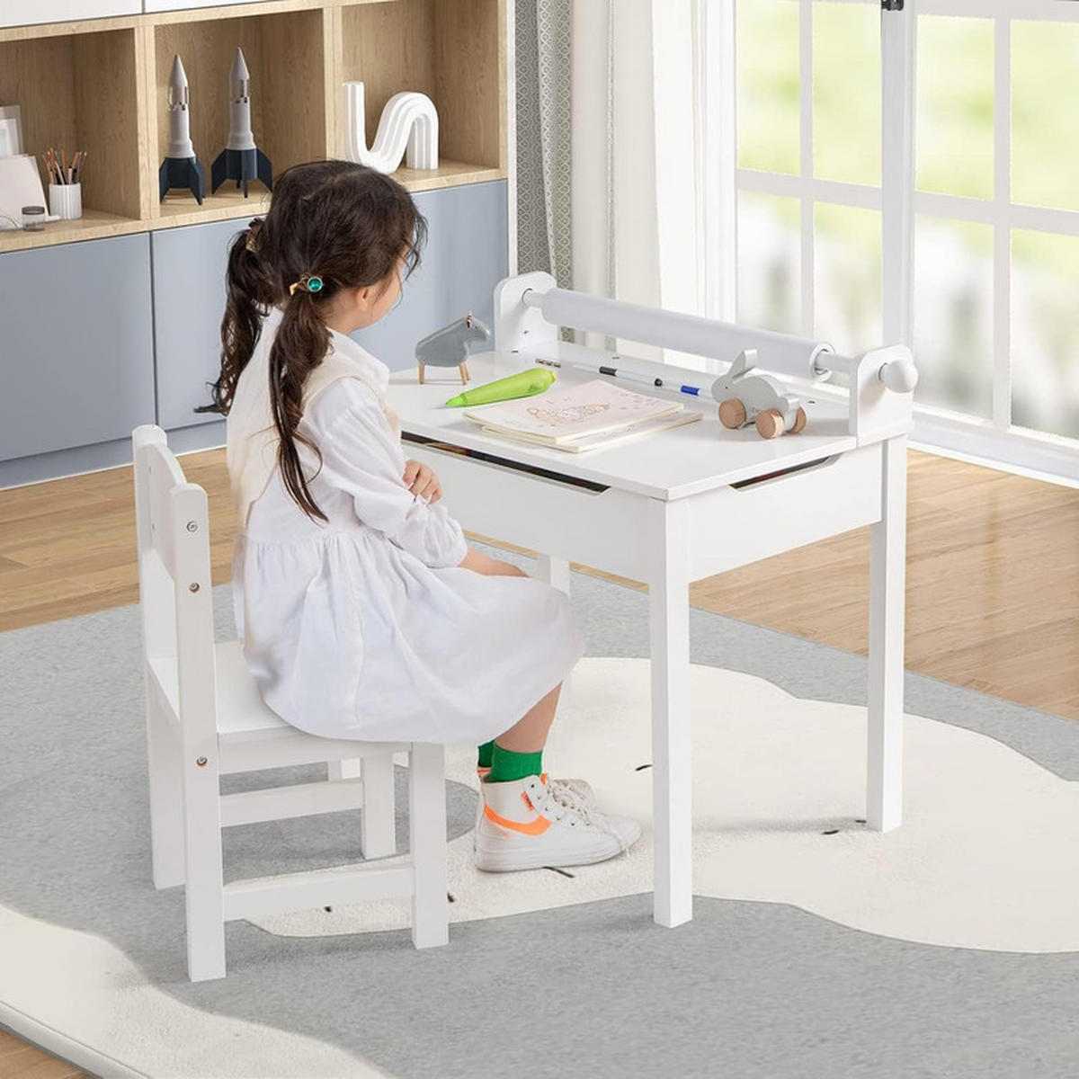 KINDERSCHREIBTISCH mit Stuhl weiß(2-tlg) - Weiß, Holzwerkstoff (66/58/40cm) - COSTWAY