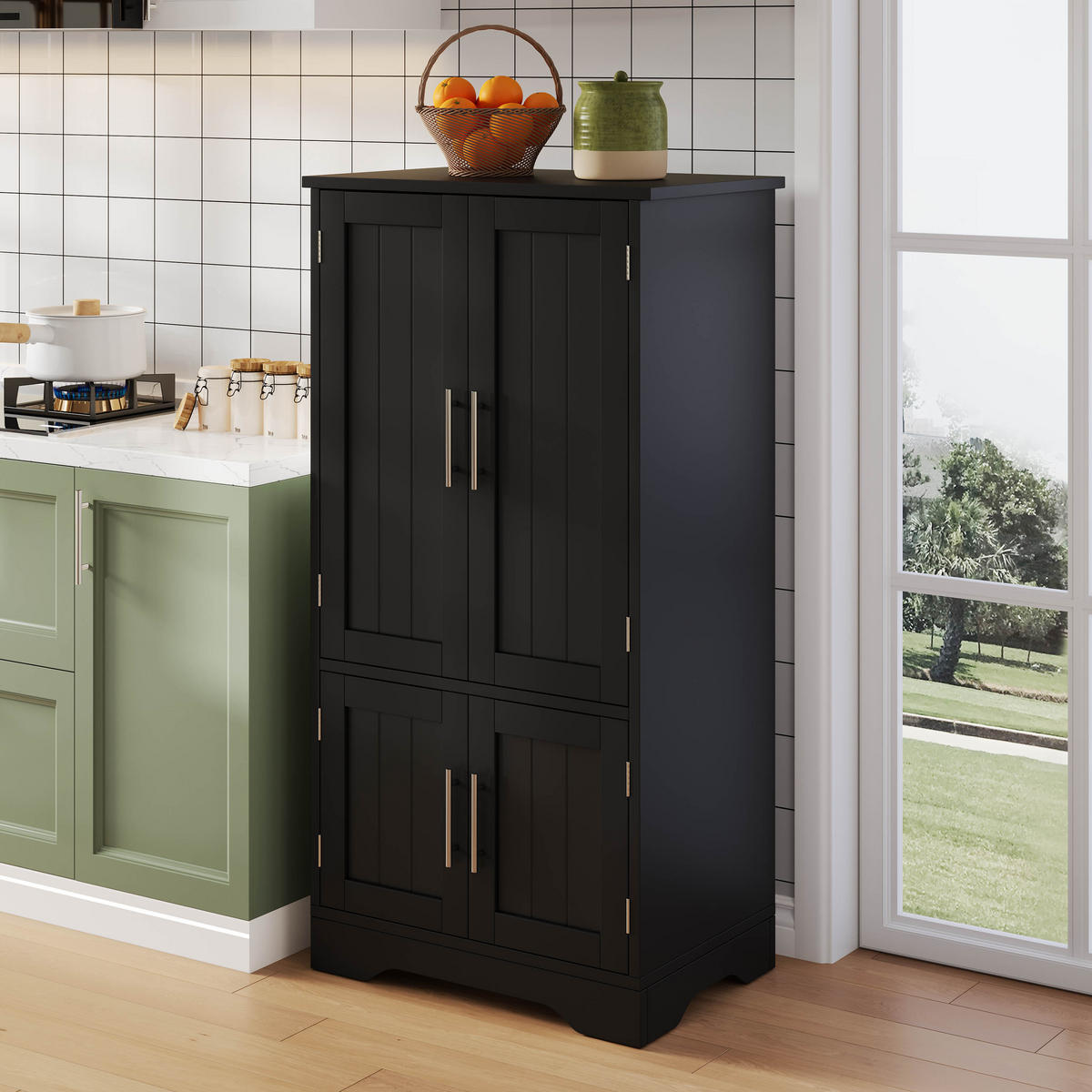 BUFFET Aufbewahrungsschrank 120x60x40cm Schwarz mit LED Licht & Wellentüren - Schwarz, Holzwerkstoff (40/120/60cm) - Modfu