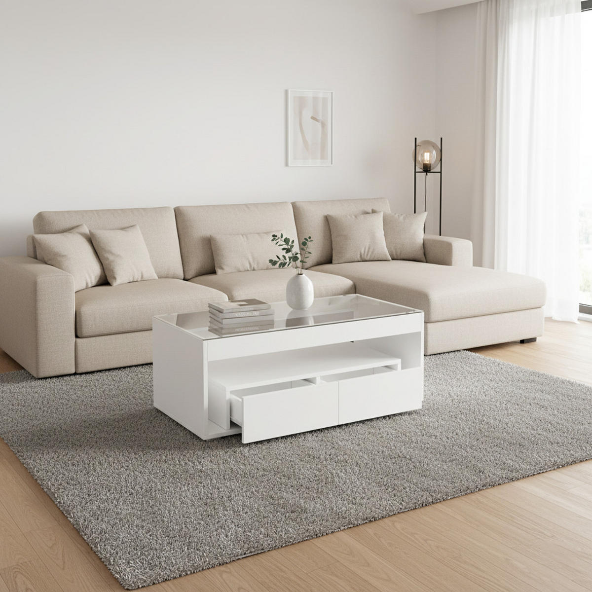 COUCHTISCH Weiß Hochglanz mit LED & 2 Schubladen - Beige, Holzwerkstoff (50/100/40cm) - Urban Meuble