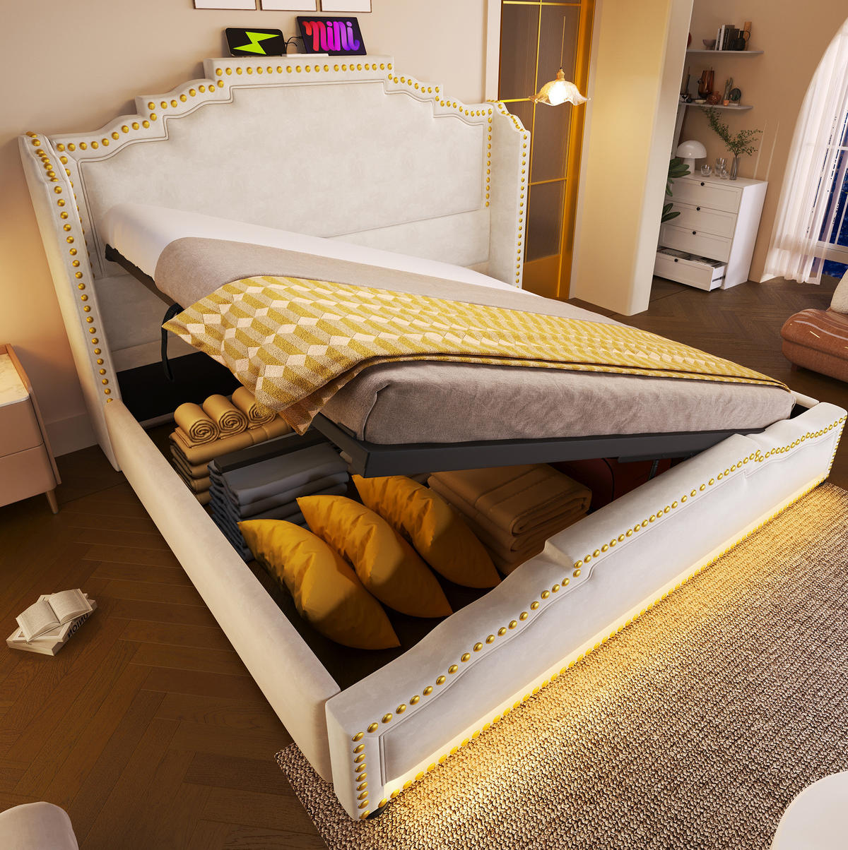 SAMT-POLSTERBETT 140/200 cm mit Bettkasten, LED und USB-C in Beige - Beige, Textil (140/200cm) - BEAOK