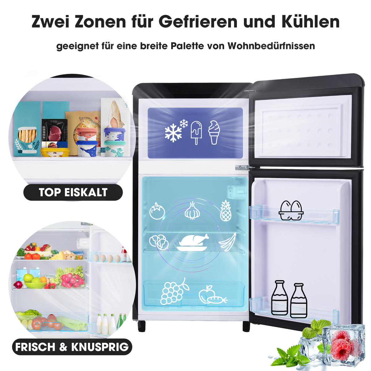 RETRO KÜHLSCHRANK 72L Doppeltür 21L Gefrier LED E Klasse - Schwarz, Kunststoff (45/91/46cm) - FLIEKS