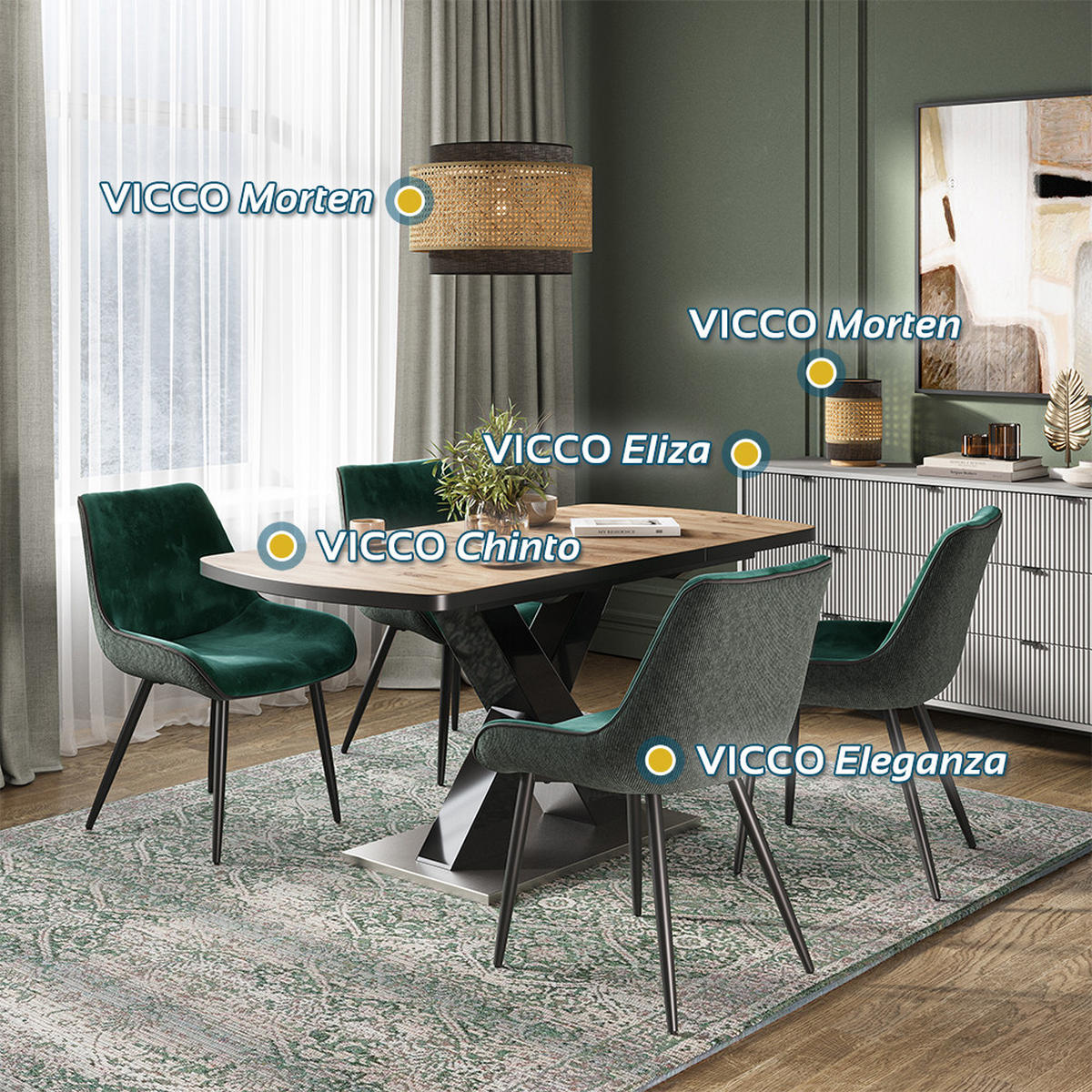 ESSZIMMERSTUHL Eleganza Grün 2er Set - Dunkelgrün, Metall (53.5/85/59cm) - Vicco