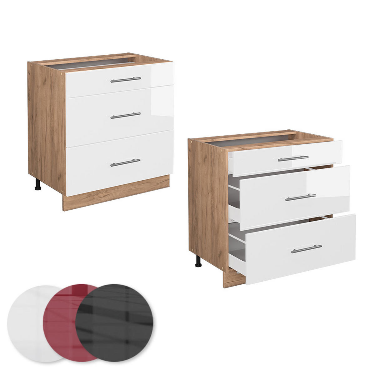 KÜCHENUNTERSCHRANK Fame-Line Weiß Hochglanz 80 cm mit 3 Schubladen AP Eiche - Weiß Hochglanz/Eiche Wotan, Holzwerkstoff (80/82/60cm) - Vicco