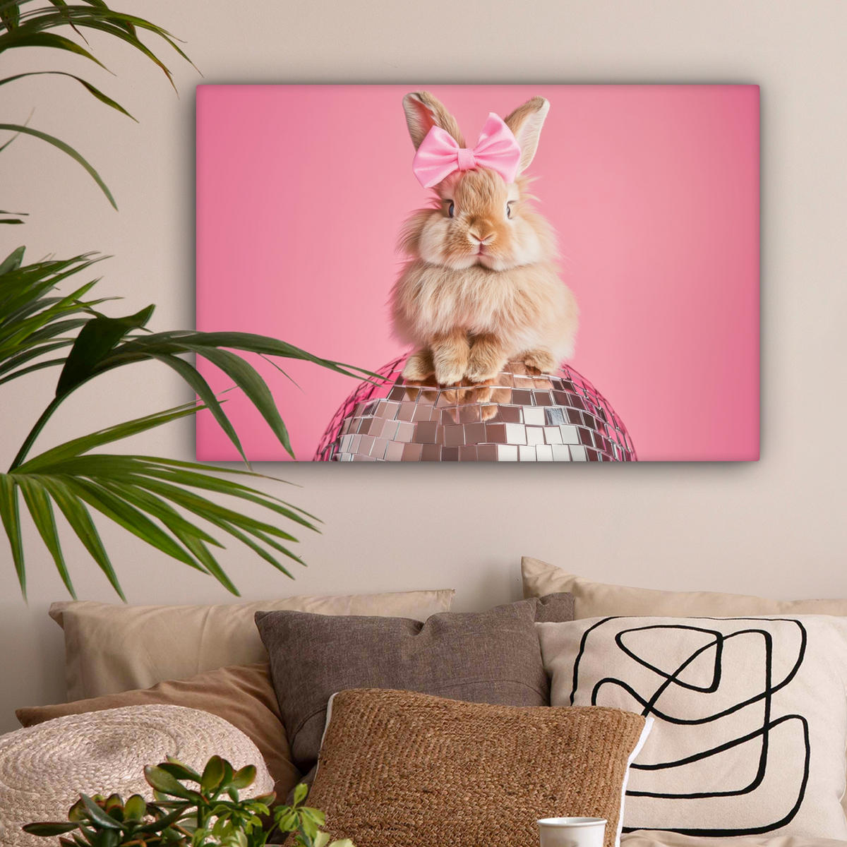 LEINWANDBILD Schleife - Discoball - Kaninchen Gemälde 60x40 cm - Pink, Textil (60/40cm) - MuchoWow