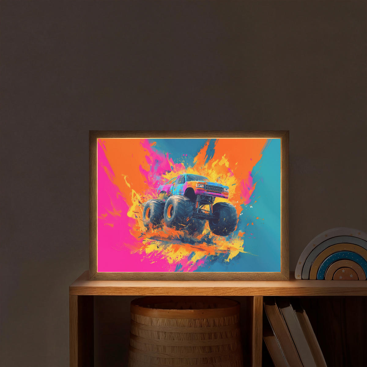 NÁSTĚNNÁ LAMPA S AKUMULÁTOREM Monster truck - Abstraktní - Stříkající barva - Barevné 40x30 cm - růžová, kompozitní dřevo (40/30/8cm) - OnlyWow