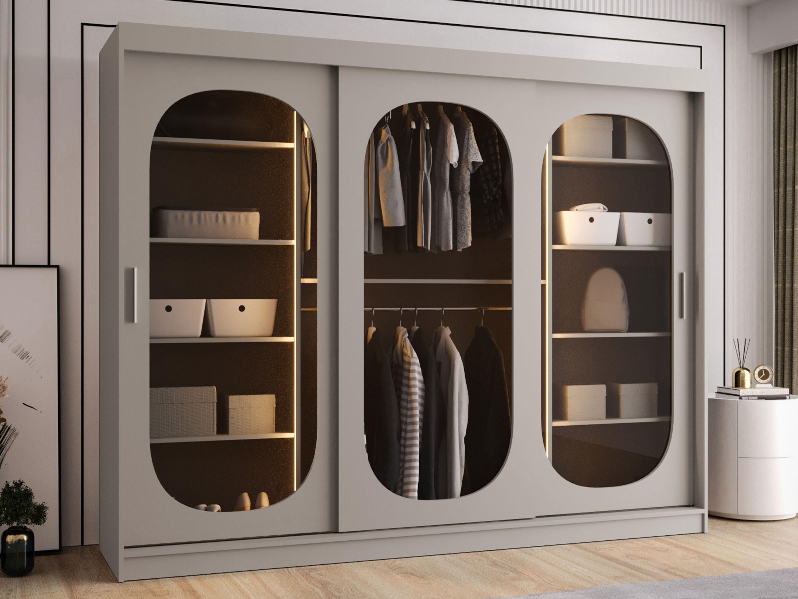 SCHWEBETÜRENSCHRANK Bahrajn 250 mit Schubladen und LED - Kaschmir/Silberfarben, Holzwerkstoff/Kunststoff (250/200/62cm) - MIRJAN24