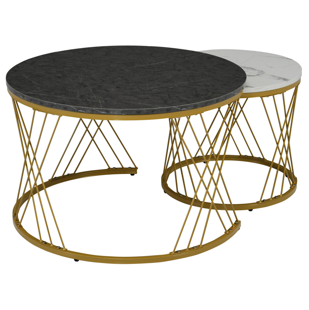 COUCHTISCH Set 70/70/45 cm und 45/45/40 cm Grau mit Hochglanz Marmormuster und Goldrahmen - Grau, Holzwerkstoff (70/70/45cm) - OKWISH