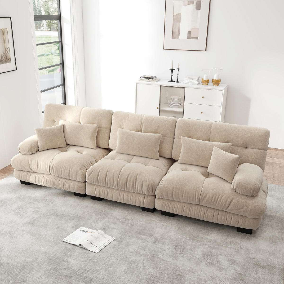 SOFA Stoff – 3-Sitzer mit Kissen - Beige, Holzwerkstoff/Textil (313/81/77cm) - Urban Meuble