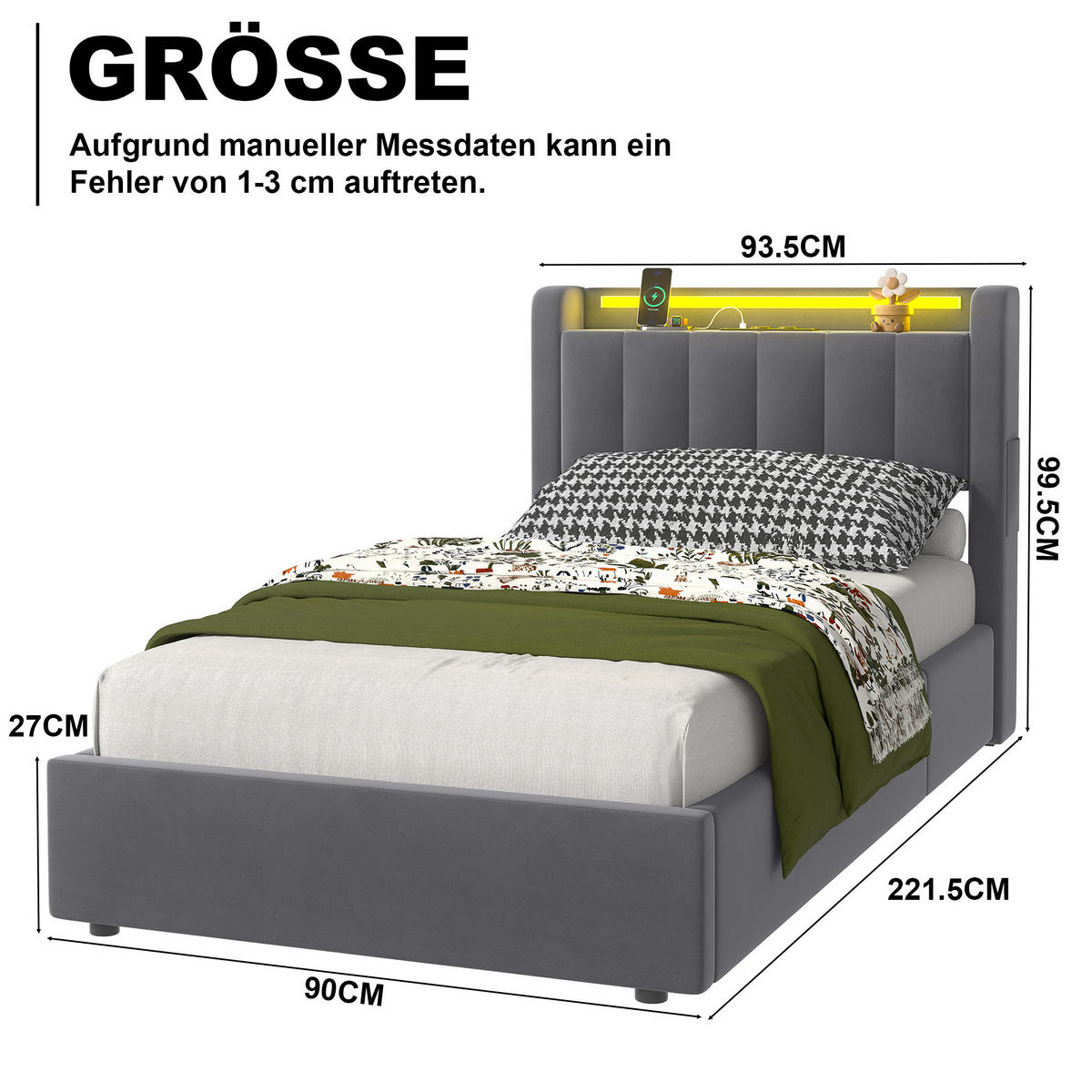 STAURAUMBETT 90/200 cm aus Velours mit LED und USB - Grau, Textil (90/200cm) - MIVRAY