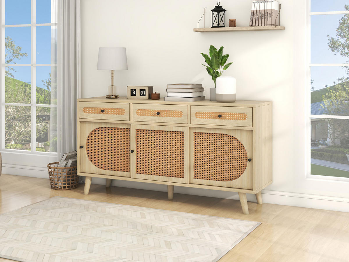 SIDEBOARD 140/40/78 cm, 3 Schubladen und 3 Türen, Oak-Optik mit PE-Rattantüren, Eiche - Eichefarben, Holzwerkstoff (140/78/40cm) - Redom