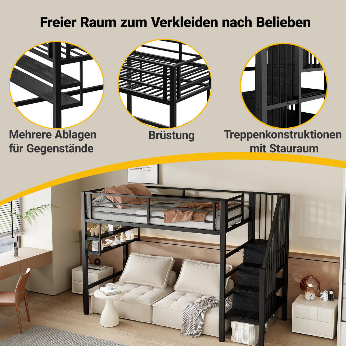 HOCHBETT 90/200 cm, Schwarz mit Stauraumleiter und Einlegeböden ohne Matratze - Schwarz, Metall (90/200cm) - MIVRAY