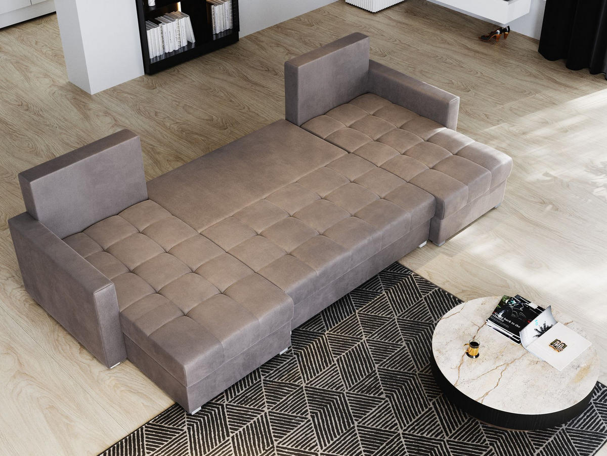 WOHNLANDSCHAFT NAKO M Creme Velours-Stoff mit Schlaffunktion - Creme, Holz (285/85/140cm) - MASSENO