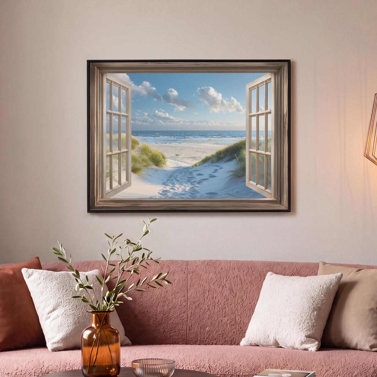 LEINWAND Bilder mit Rahmen - Aussicht - Strand - Fenster - Dünen - Meer - 70x50 - Hellblau, Textil (70/50cm) - MuchoWow