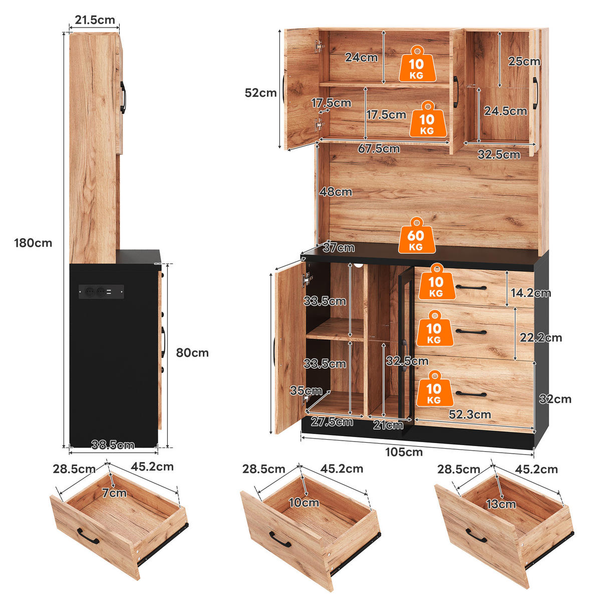 BUFFET 105/40/180 cm neutral aus MDF mit LED - Naturfarben, Holzwerkstoff (105/180/40cm) - OKWISH