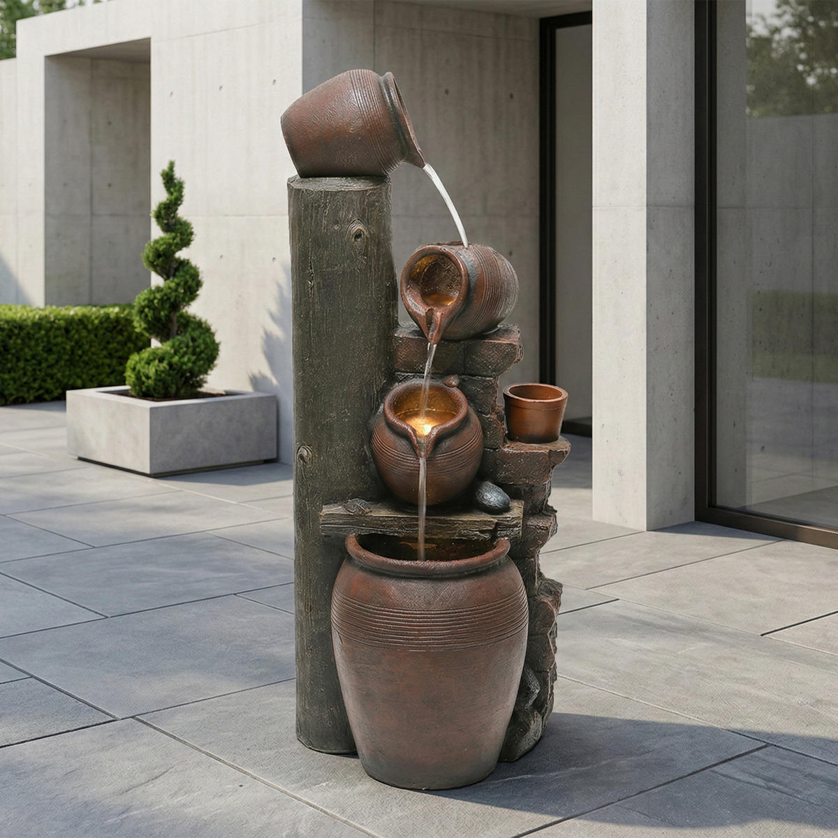 GARTENBRUNNEN, LED-Beleuchtung, Kunststein, Wasserspiel, Braun - Braun, Naturmaterialien (42/38/99cm) - FLIEKS