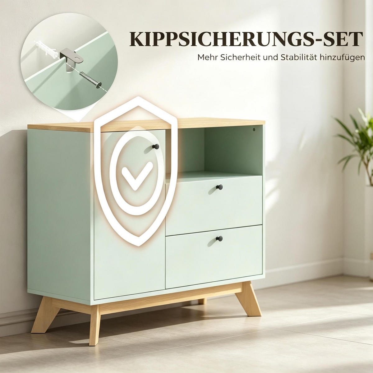 BUFFET DE-38816 80/35/76,3 cm mit 2 Schubladen und offenes Fach Hellgrün - Hellgrün, Holzwerkstoff (80/76.3/35cm) - ComfortXL