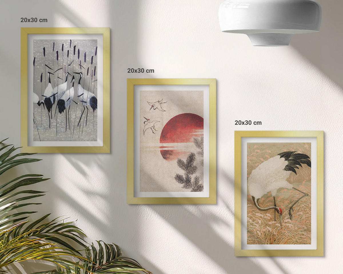 BILDER SET 3er Set - 20x30 cm Goldrahmen - Japanische Kraniche Landschaft - Goldfarben, Kunststoff (20/30cm) - TULUP