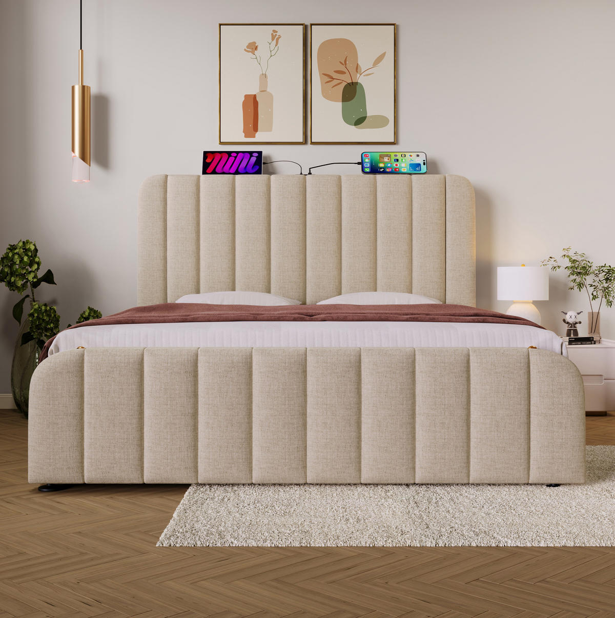 POLSTERBETT 180/200 cm mit Bettkasten, USB-C und gepolstertem Kopfteil - Beige, Textil (180/200cm) - BEAOK