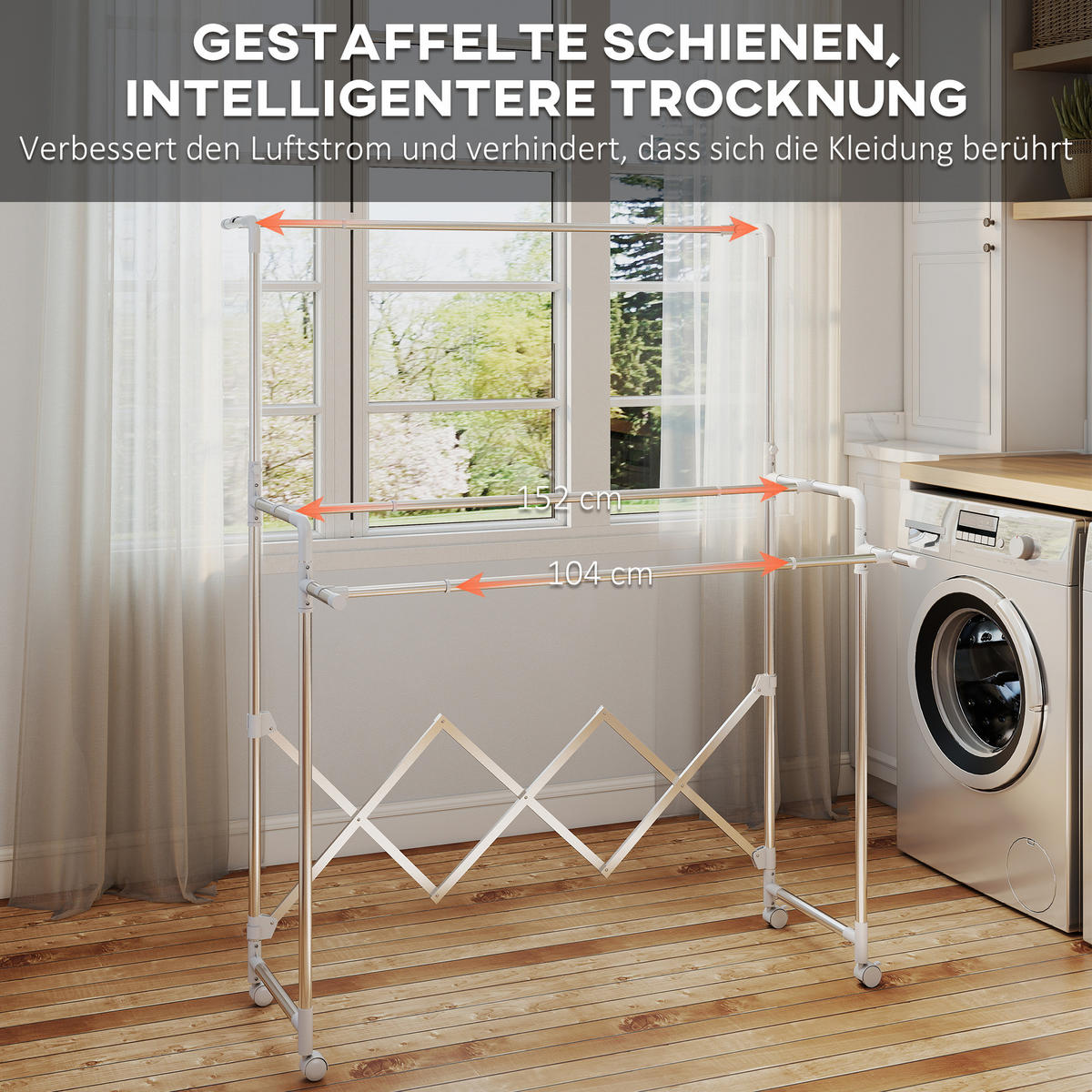 WÄSCHESTÄNDER Silberfarben ausziehbar mit Rollen - Silberfarben, Metall (150/197/103cm) - PANGIVO