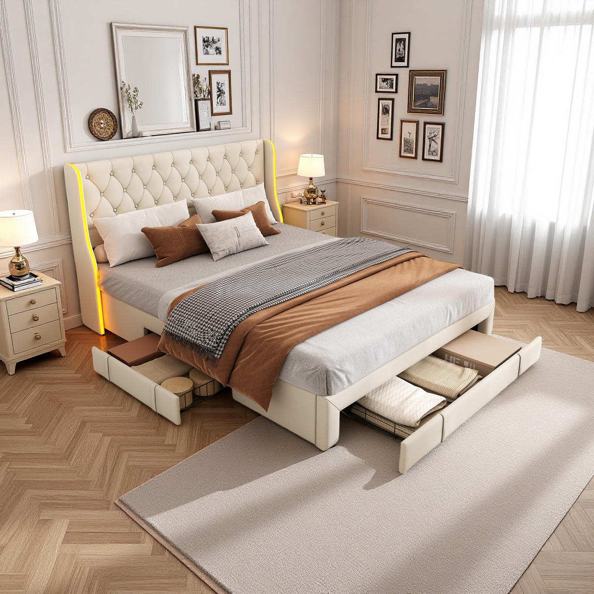 POLSTERBETT 160x200 cm LED Kopfteil 3 Schubladen Lattenrost Samt beige - Beige, Holz (160/200cm) - LEBENLANG