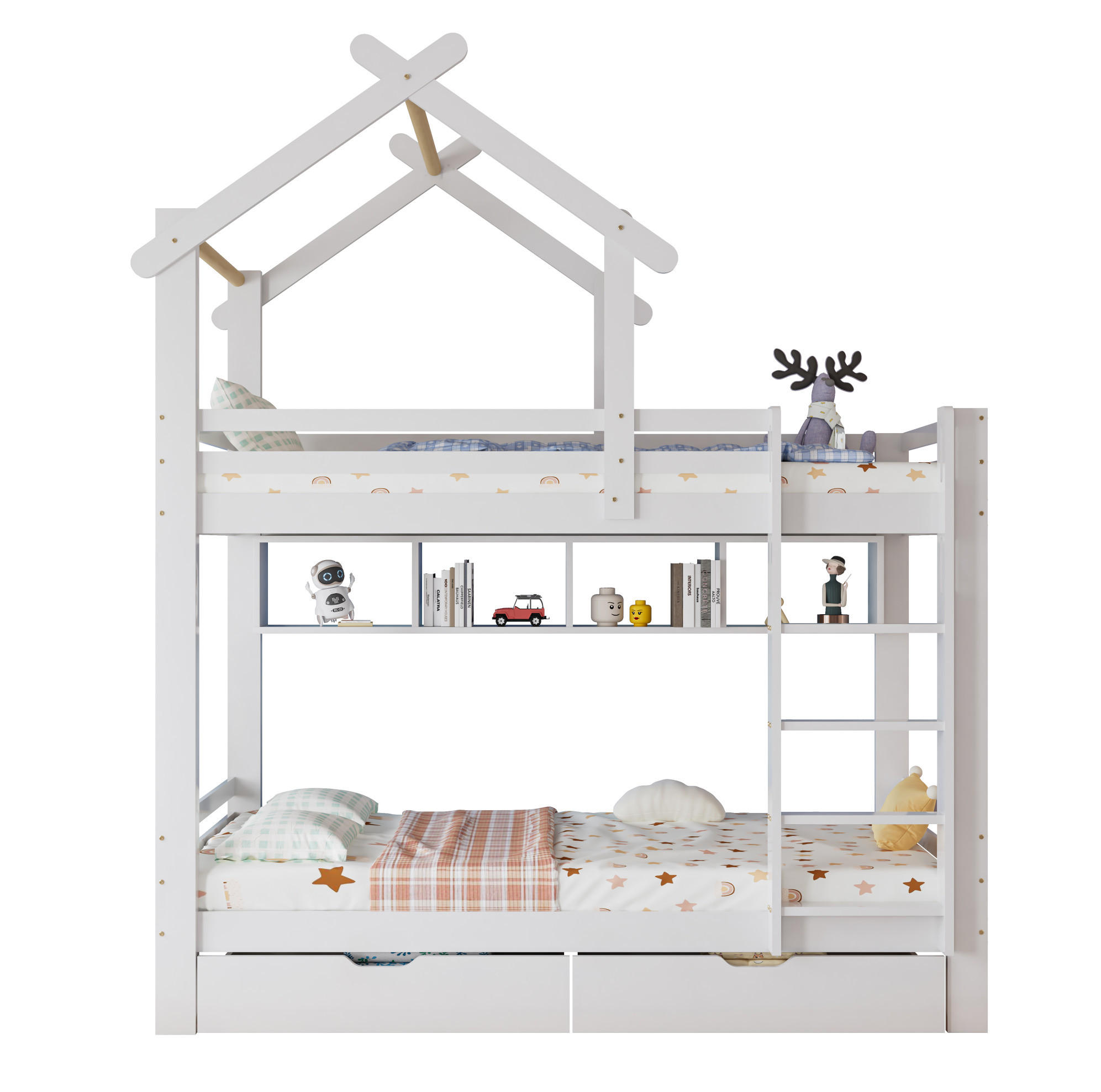 ETAGENBETT 90/200 cm Weiß mit Schubladen und Regalen aus Kiefernholz - Weiß, Holzwerkstoff (90/200cm) - OKWISH