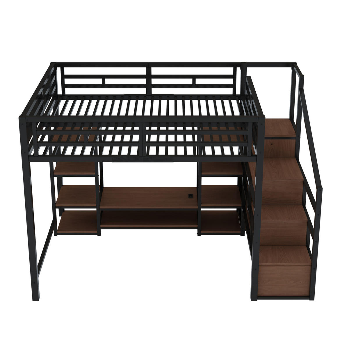 HOCHBETT Metall/MDF 140x200 cm Schwarz mit TV-Ständer, Steckdose und Aufbewahrungsleiter - Schwarz, Metall (140/200cm) - Modfu