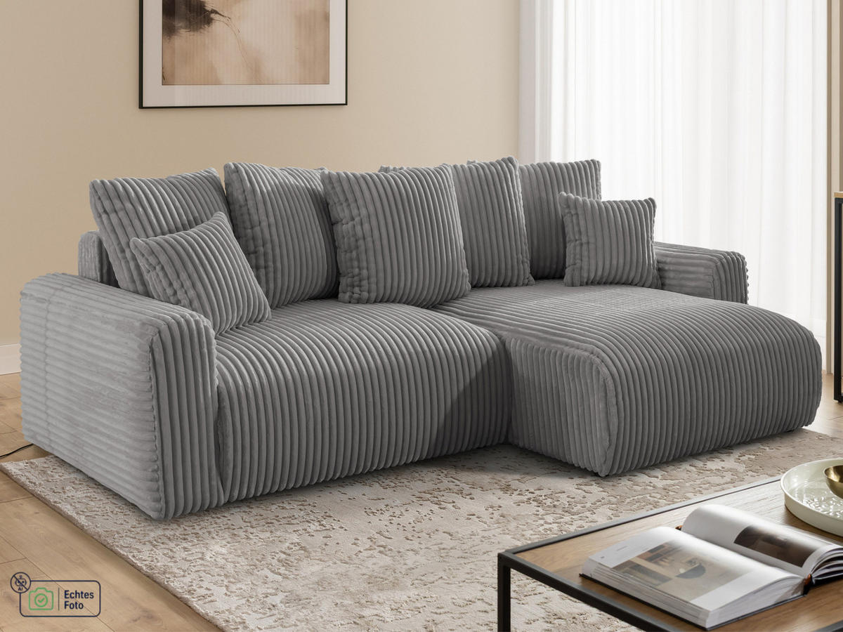 ECKSOFA Calma mit Schlaffunktion und Bettkasten im Bumpy-Design aus weichem Grau Plüschcord - Ottomane rechts - Schwarz/Grau, Holz/Kunststoff (140/239cm) - S-Style