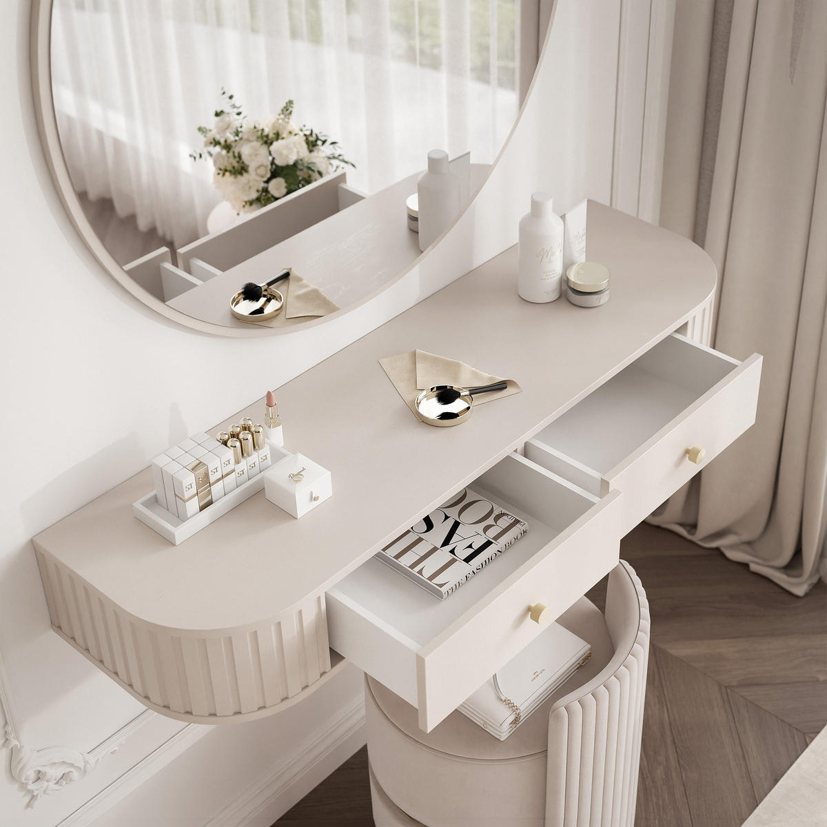 SCHMINKTISCH OVALINE mit Spiegel, 123 cm Beige - Beige/Goldfarben, Holzwerkstoff/Metall (123/17.5/36cm) - Idohome