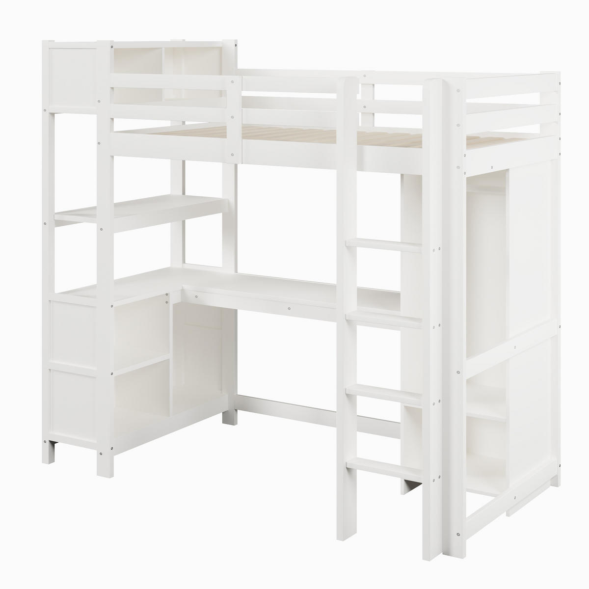HOCHBETT 90/200 cm in Weiß mit Schreibtisch, Regalen und Kleiderschrank aus Kiefernholz - Weiß, Holz/Holzwerkstoff (90/200cm) - CHICFURN