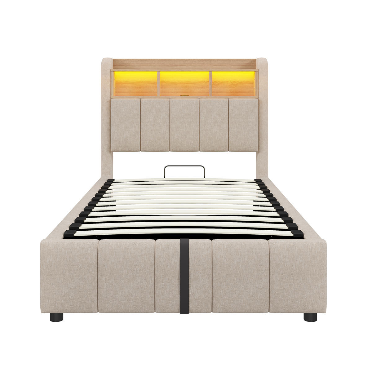STAURRAUMBETT 90/200 cm DE-01949, in Beige, mit LED, USB und hydraulischem Stauraum - Beige, Metall (90/200cm) - ComfortXL