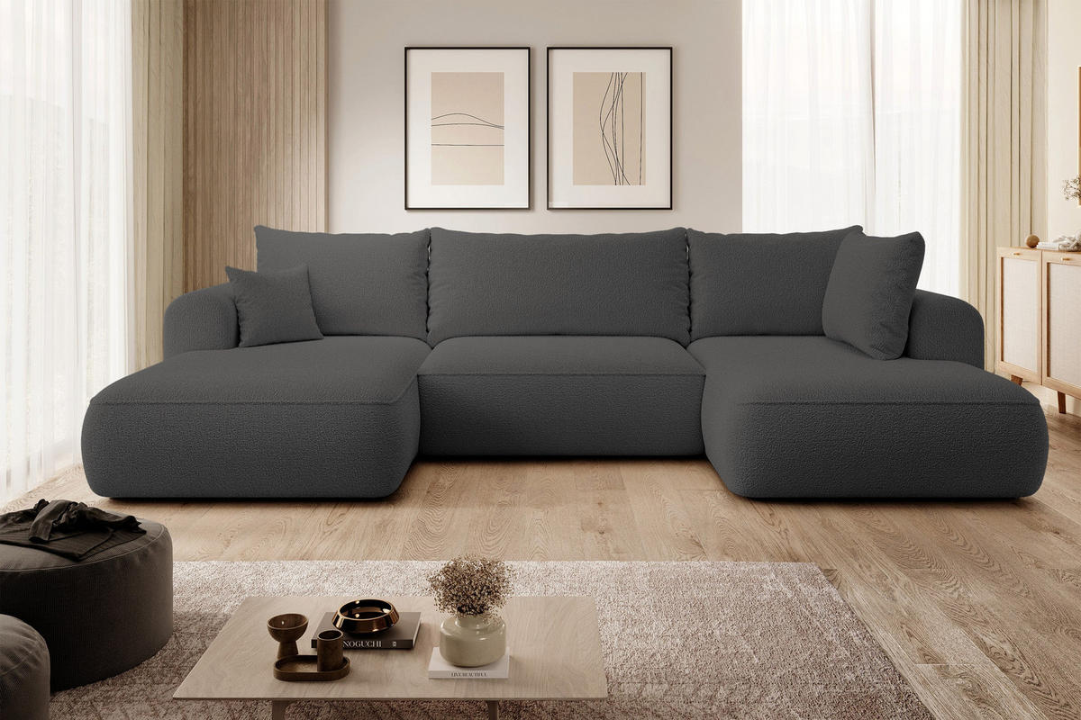 WOHNLANDSCHAFT Ovo Dunkelgrau Boucle - Dunkelgrau/Schwarz, Textil (380/95/167cm) - Selsey