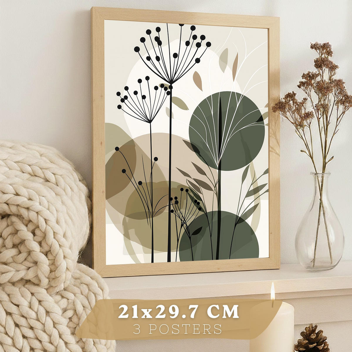 PLAKAT Sada 3 Zelené květy A3 bez rámu - čirá, papír (29.7/1/42cm) - Nacnic