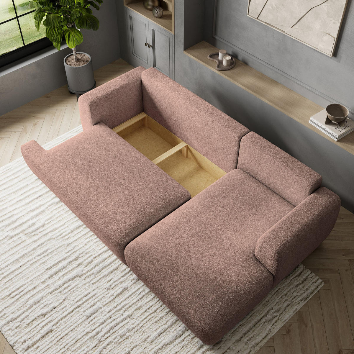 ECKSOFA SENTI N R-S Rosa Boucle-Stoff mit Schlaffunktion - Rosa, Holz (246/148cm) - MASSENO