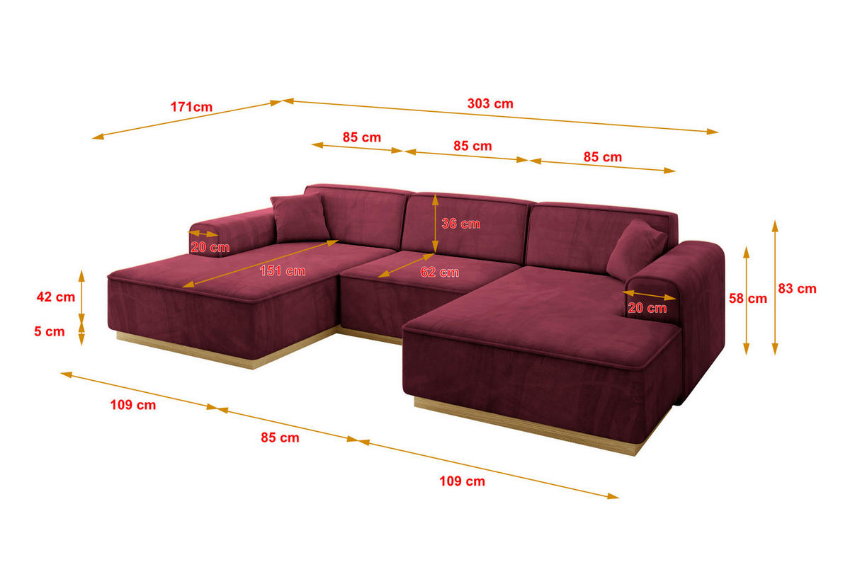 WOHNLANDSCHAFT IREA-U1-v2 - 303x171x83 cm Bordeauxrot - Bordeaux, Holzwerkstoff/Textil (303/83/171cm) - ALTDECOR