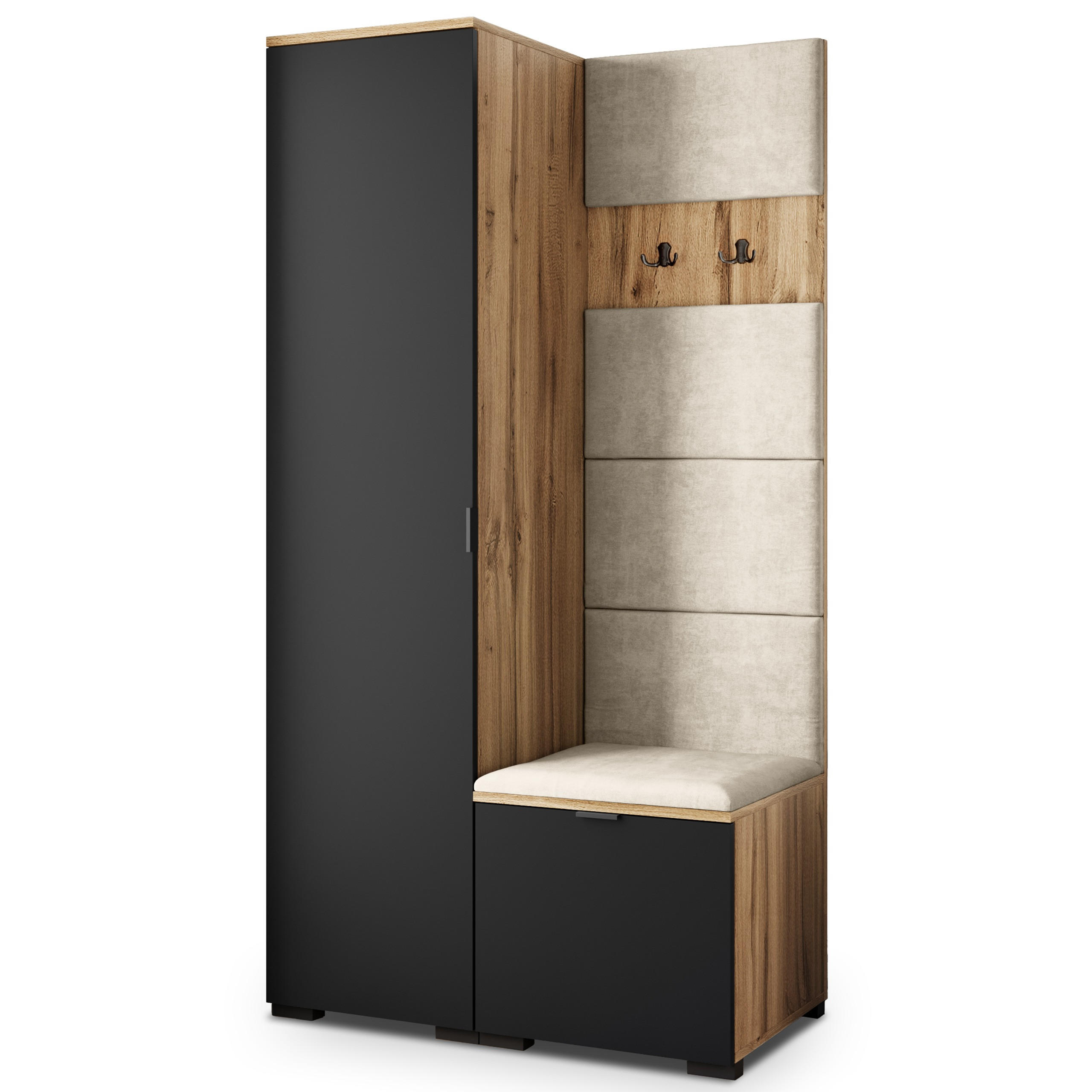 Masseno Garderobenschrank Eiche Wotan, Schwarz, Beige 95x181x51 cm