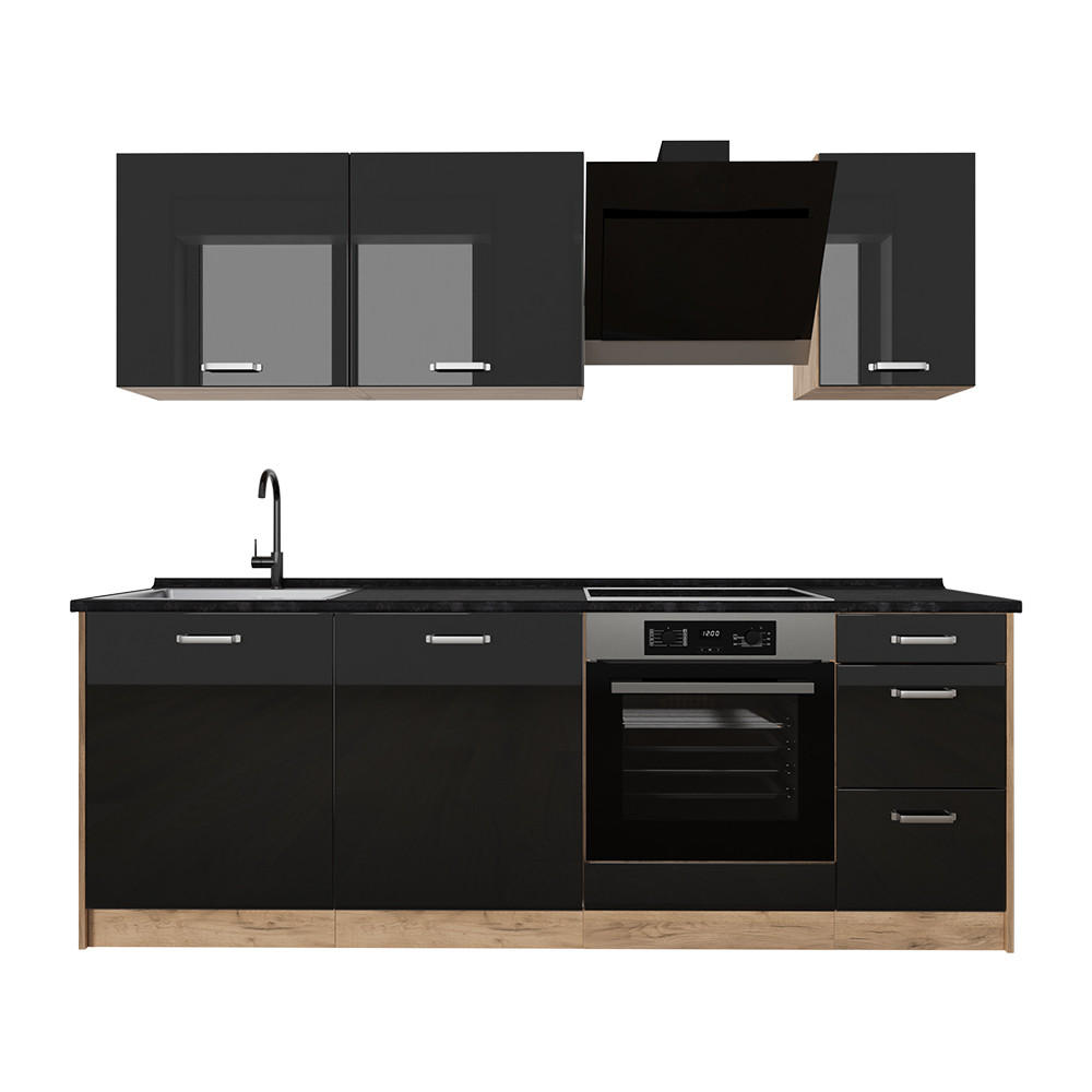 KÜCHENZEILE R-Line, Schwarz Hochglanz/Goldkraft Eiche, 220 cm Arbeitsplatte Anthrazit - Honigeiche/Schwarz Hochglanz, Holzwerkstoff (220/81.6/60cm) - Vicco