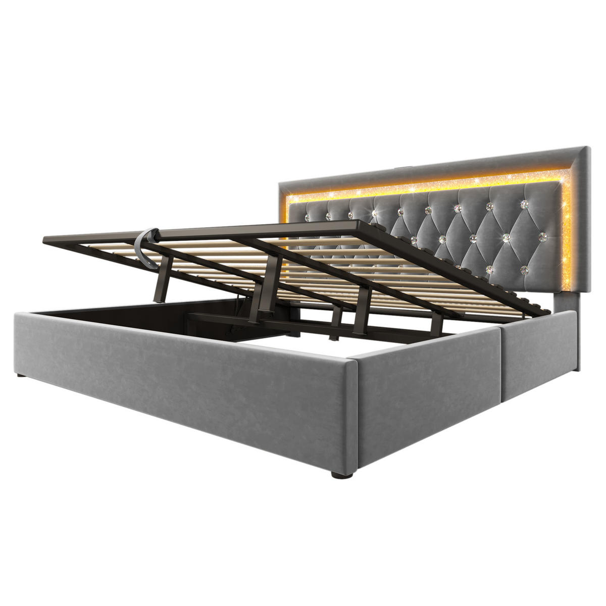 POLSTERBETT 180/200 cm Grau mit rautenförmigem LED-Lichtstreifen sowie USB- und Typ-C-Ladeanschlüssen - Grau, Textil (180/200cm) - Oxeza