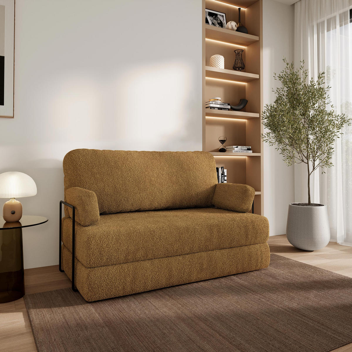 BETTSOFA KESTE aus Schaumstoff Bucle-Stoff Orange Schlaffunktion - Gelb, Textil (140/86/60cm) - MASSENO