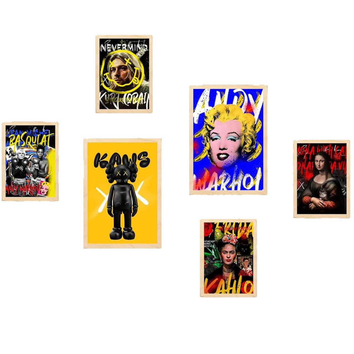 POSTER Set Mit 6 Graffiti Pop Marilyn Kurt Cobain Frida Mona Lisa Basquiat A3 & A4 Rahmen Aus Hellem Holz - Beige, Papier (29/3/42cm) - Nacnic