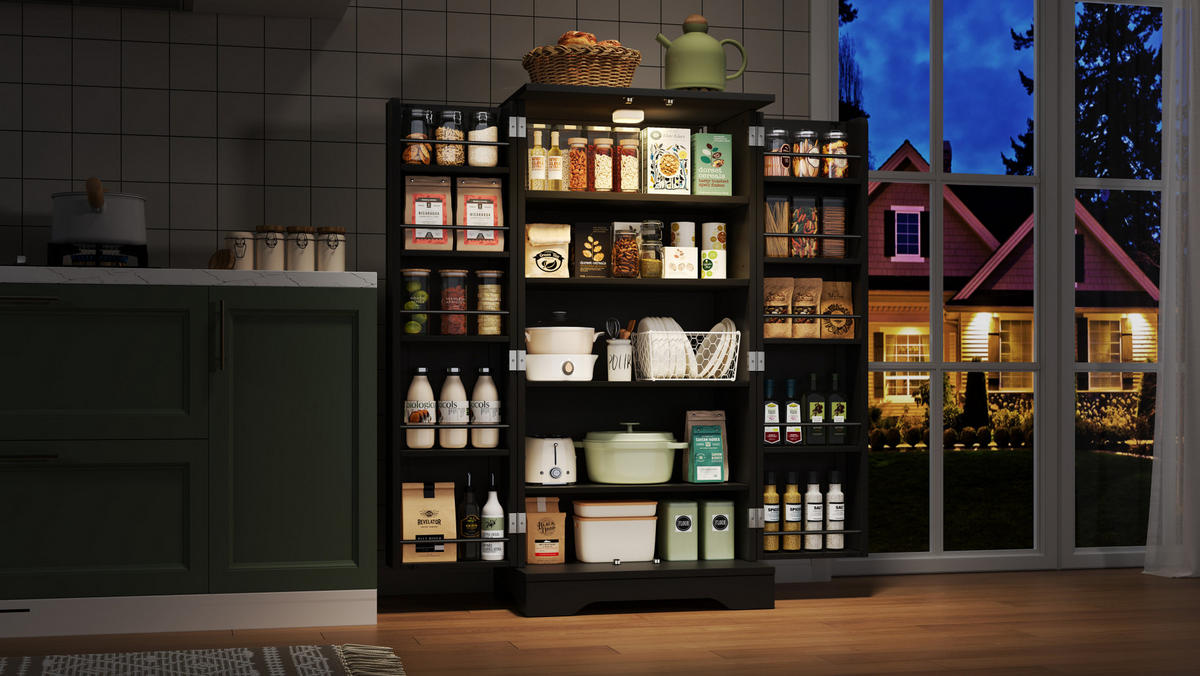 MODERNER Hochschrank aus MDF mit 3D-Wellentüren, LED-Sensorlicht und verstellbaren Regalböden, 120/60/40 cm, Schwarz - Schwarz, Holzwerkstoff (60/120/40cm) - Redom