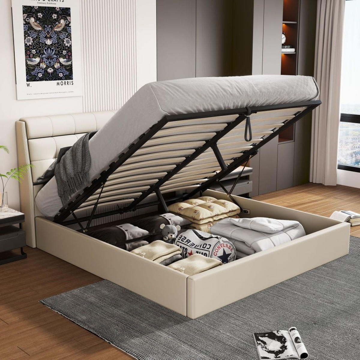 POLSTERBETT 160/200 cm in Cremefarben PU mit Lattenrost - Weiß, Holz/Textil (160/200cm) - KOMHTOM