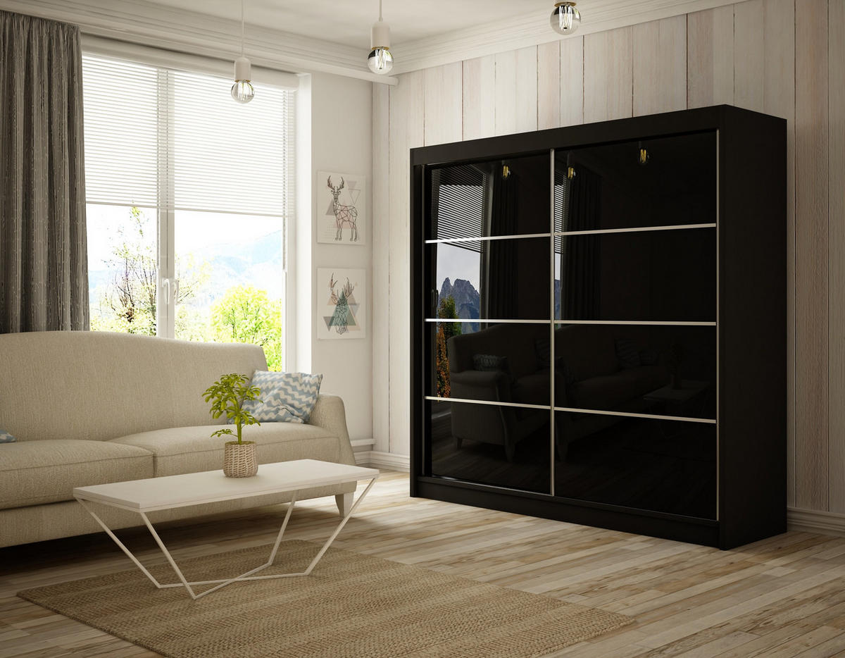 SCHIEBETÜRENSCHRANK TIPI III - Schwarz, Holzwerkstoff (200/215/61cm) - Meblini