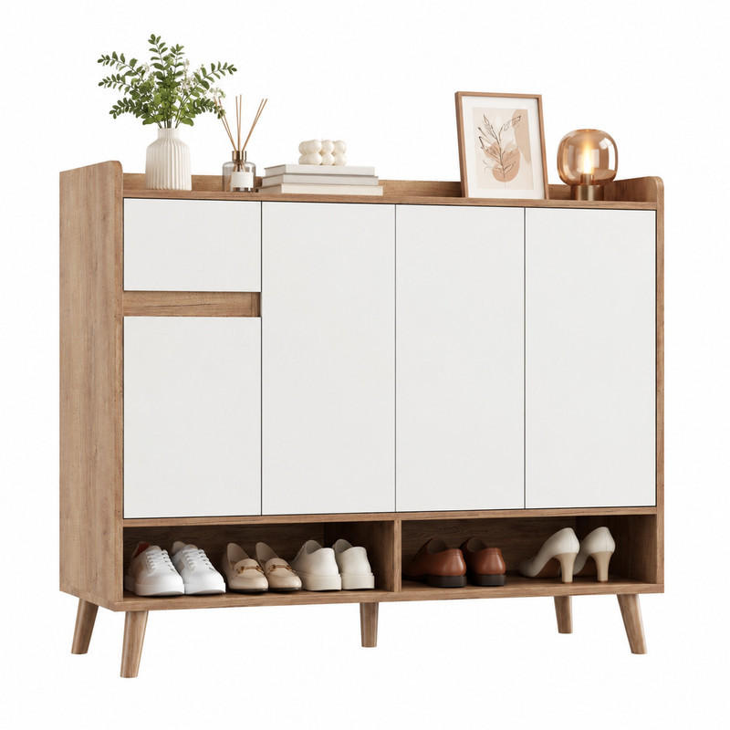 SIDEBOARD mit 4 Türen und Schublade 120 x 35 x 99 cm White/Natural - Weiß, Holzwerkstoff (35/99/120cm) - Beauniv
