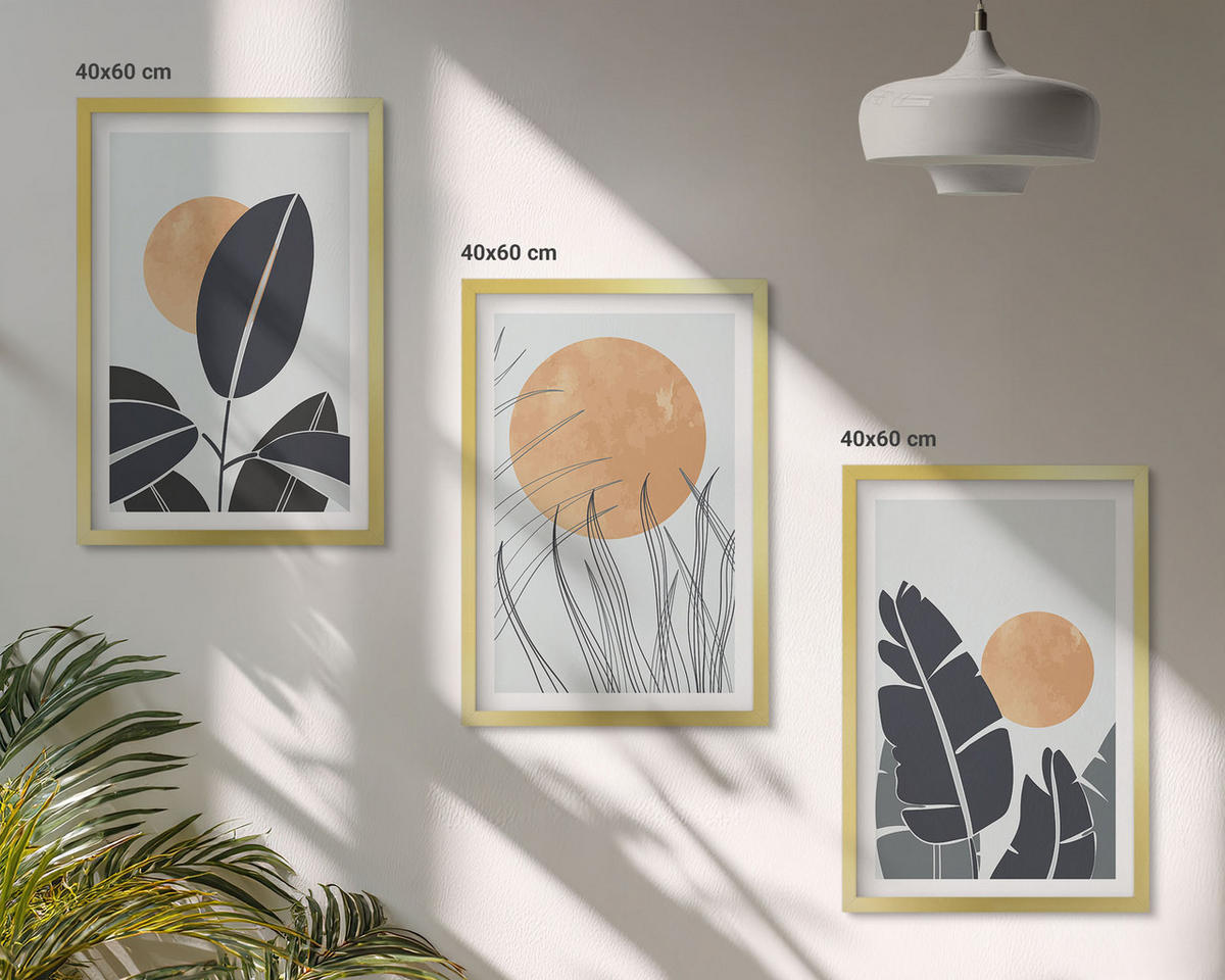 BILDER SET 3er Set - 40x60 cm Goldrahmen - Pflanzenmuster große Sonnen minimalistisch - Goldfarben, Kunststoff (40/60cm) - TULUP