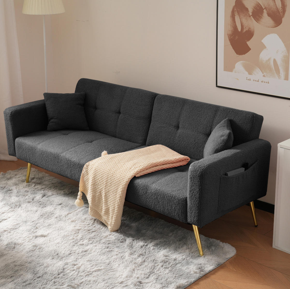 SCHLAFSOFA Lammwollstoff mit verstellbarer Rückenlehne und Seitentaschen Antikgrau 175/64/72 cm - Grau, Textil (64/72/175cm) - Redom