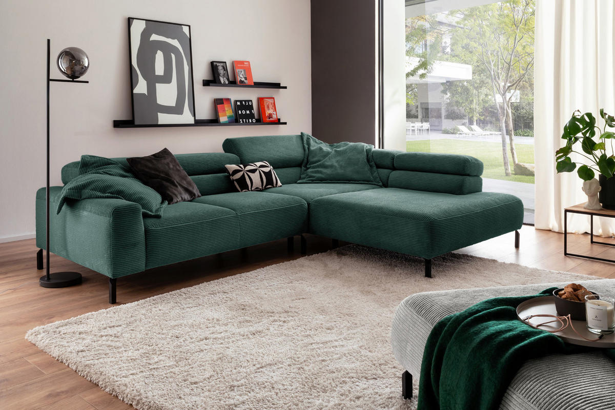 ECKSOFA MIT MOTORISCHEM SITZVORZUG DELIA Smaragdgrün Cord - Smaragdgrün/Schwarz, Textil/Metall (312/219cm) - KAWOLA