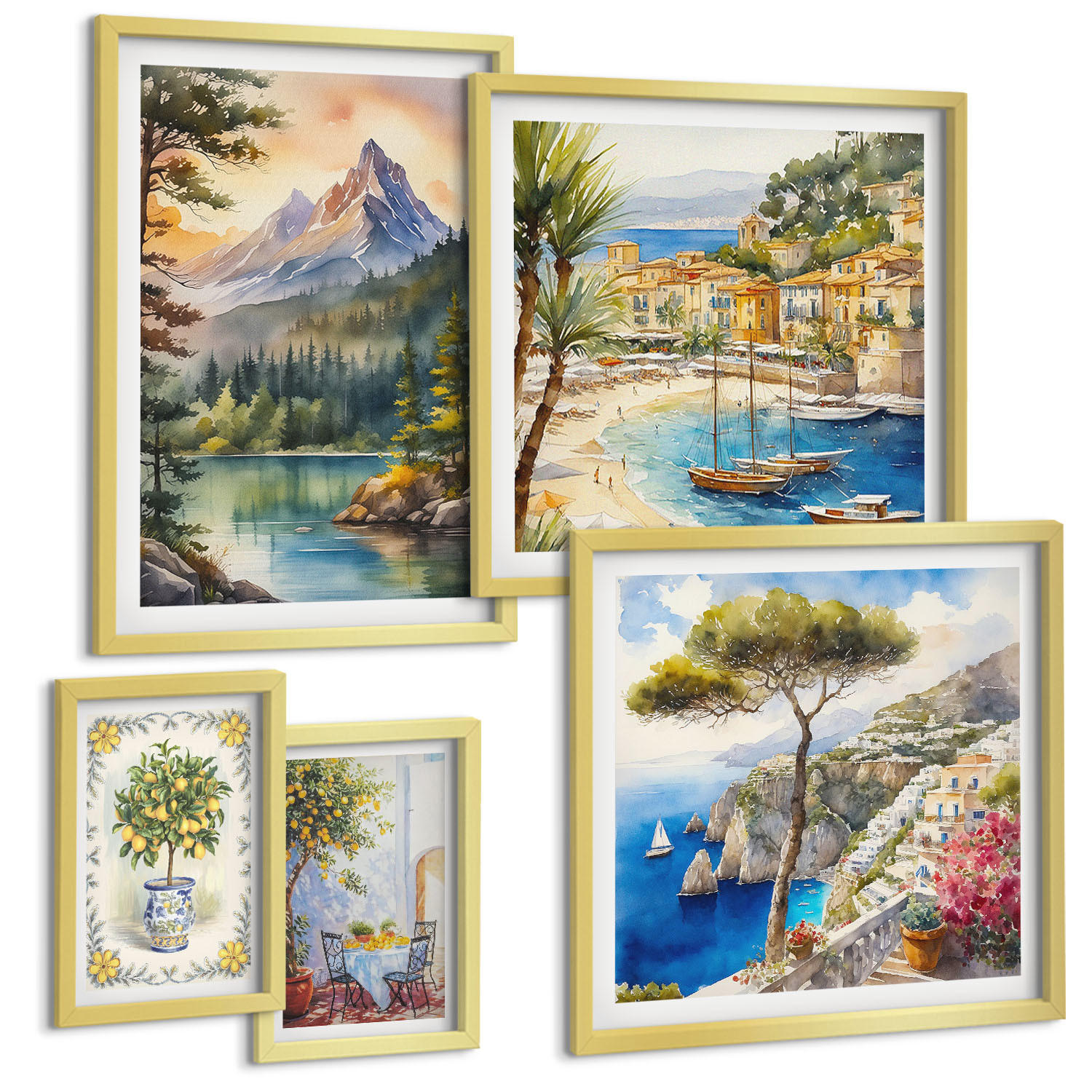 BILDER SET 5er Set - 50x50 cm & 20x30 cm & 40x60 cm Goldrahmen - Zitrusfrüchte aus Italien - Goldfarben, Kunststoff (40/60cm) - TULUP