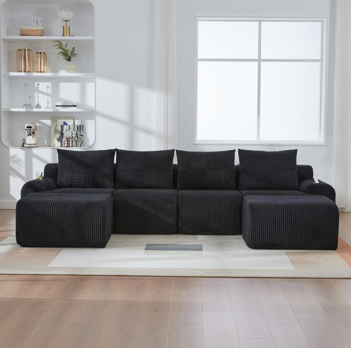 SEDACIA zostava z menčestra, 333/174/80 cm čierna, modulárna s 2 taburetkami - čierna, textil (174/80/333cm) - BEAOK