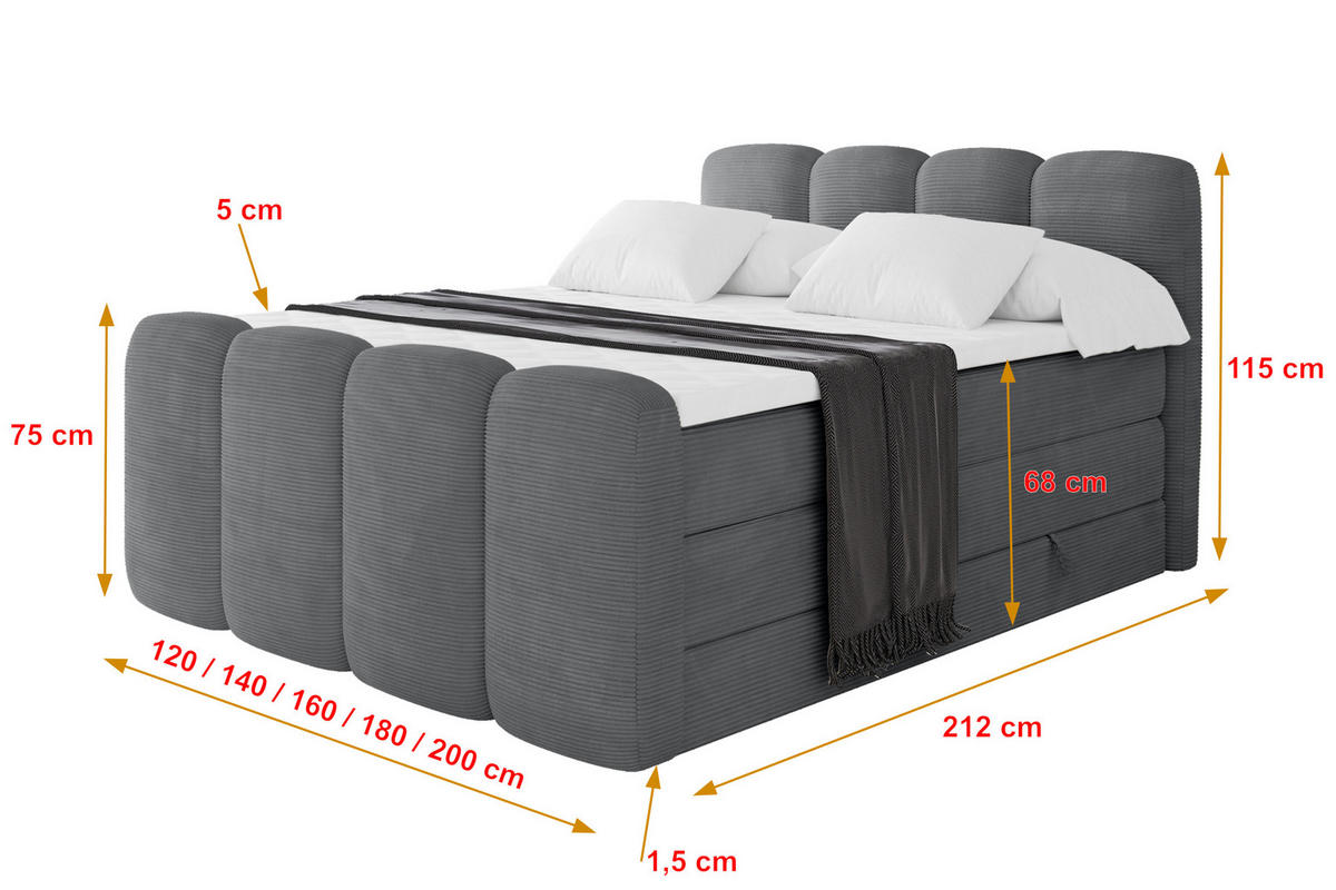 BOXBETT mit Matratze H3|H4 - NINA-Z KING - 160x200 cm - Dunkelgrau - Taupe, Holzwerkstoff (160/200cm) - ALTDECOR